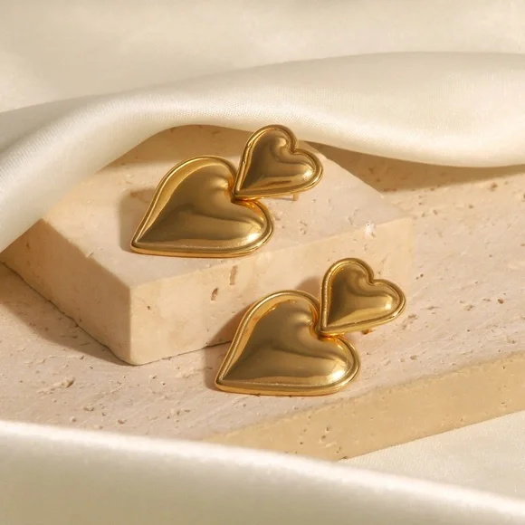 24K Gold Double Heart Earrings*Waterproof*Sweatproof* - Picture 5 of 7
